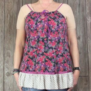 Free People Top L size Pink Black Floral